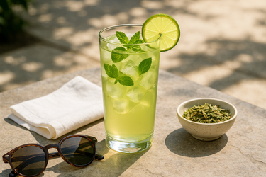 A tall, refreshing glass of iced tea with a light green hue, filled with ice cubes, mint leaves, and a slice of lime. The glass sits on an outdoor patio table in bright sunlight with a white linen napkin and sunglasses nearby. A small bowl of loose leaf tea is beside it, featuring dried spearmint and lemon verbena. The overall mood is bright, crisp, and summer-chic—like a mojito in a teacup, no cocktail shaker needed.